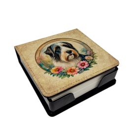 Bearded Collie and Flowers PU Leather Note Paper Holder with Artist-Designed Cover, Desk Accessory, Office Gift