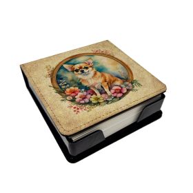 Chihuahua and Flowers PU Leather Note Paper Holder with Artist-Designed Cover, Desk Accessory, Office Gift