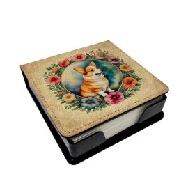 Corgi and Flowers PU Leather Note Paper Holder with Artist-Designed Cover, Desk Accessory, Office Gift