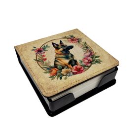 Belgian Malinois and Flowers PU Leather Note Paper Holder with Artist-Designed Cover, Desk Accessory, Office Gift