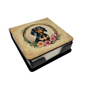 Dachshund and Flowers PU Leather Note Paper Holder with Artist-Designed Cover, Desk Accessory, Office Gift