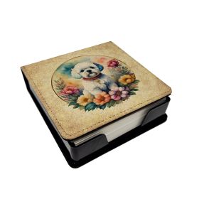 Bichon Frise and Flowers PU Leather Note Paper Holder with Artist-Designed Cover, Desk Accessory, Office Gift