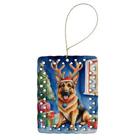 German Shepherd Christmas Reindeer Porcelain Ornament Christmas Tree Hanging Decorations for Home Christmas Holiday, Rectangle, Gift, Multicolor